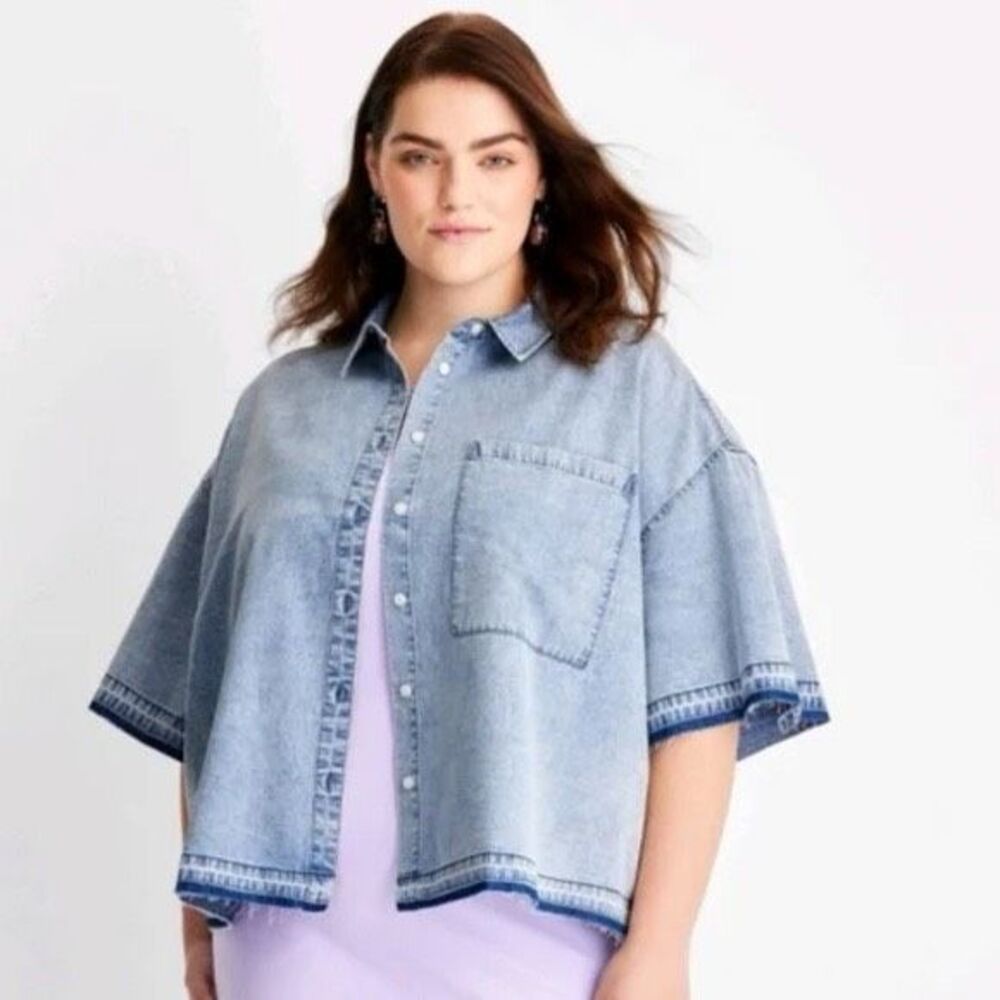 Future Collective Plus Size Short Sleeve Boxy Denim Shirt Size 3X